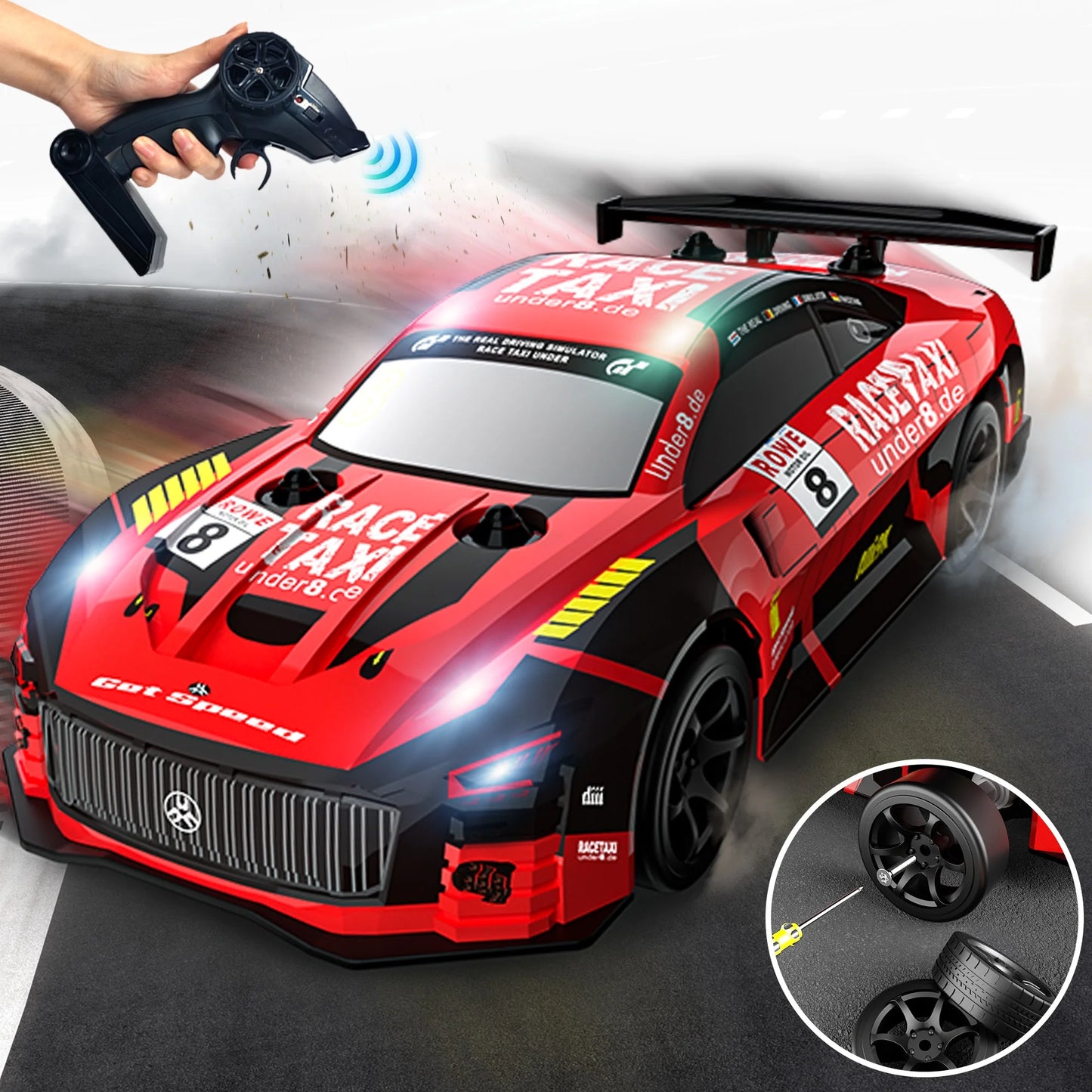 Drift RC Cars - Remote Control Car 1:24 Scale 4WD 15KM/H High Speed Racing Vehicle with LED Lights & 2 Rechargeable Batteries, Racing Sport Toy for Adults Boys Girls Kids