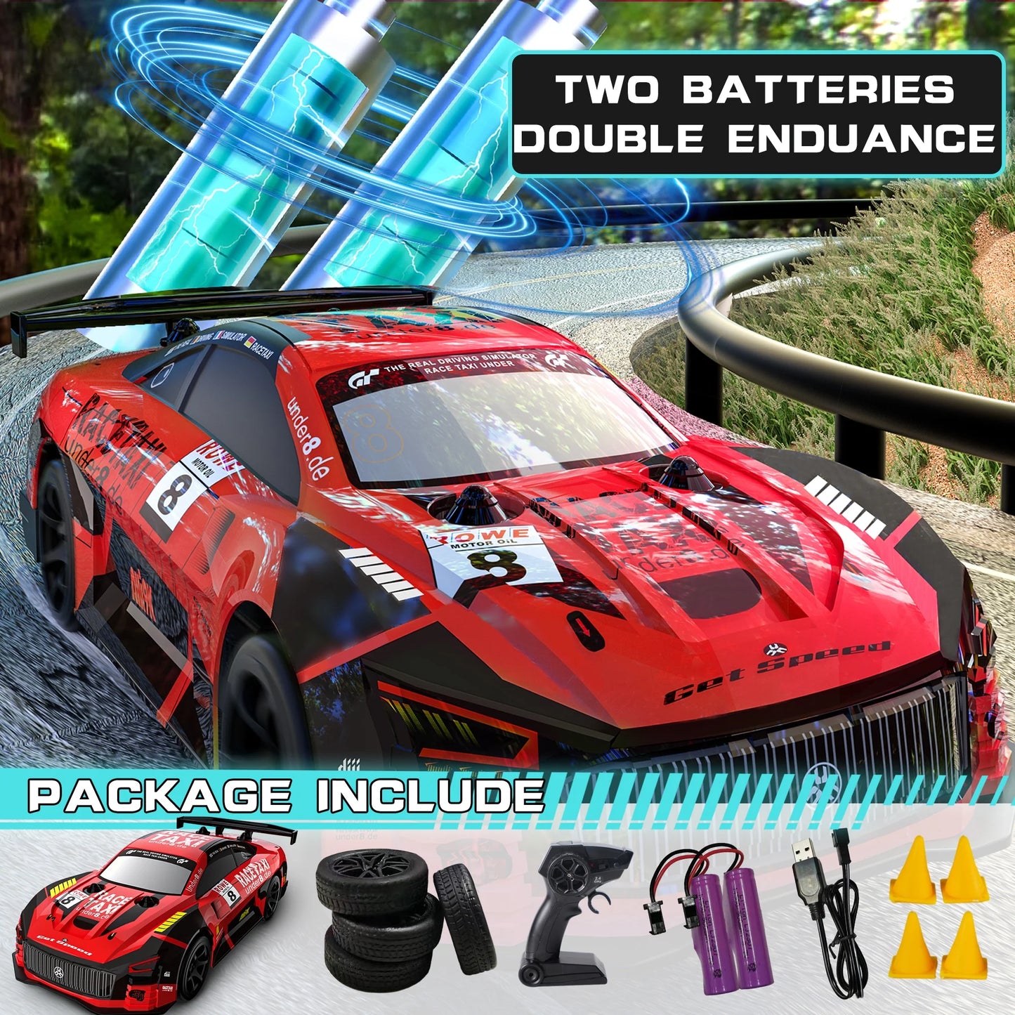 Drift RC Cars - Remote Control Car 1:24 Scale 4WD 15KM/H High Speed Racing Vehicle with LED Lights & 2 Rechargeable Batteries, Racing Sport Toy for Adults Boys Girls Kids