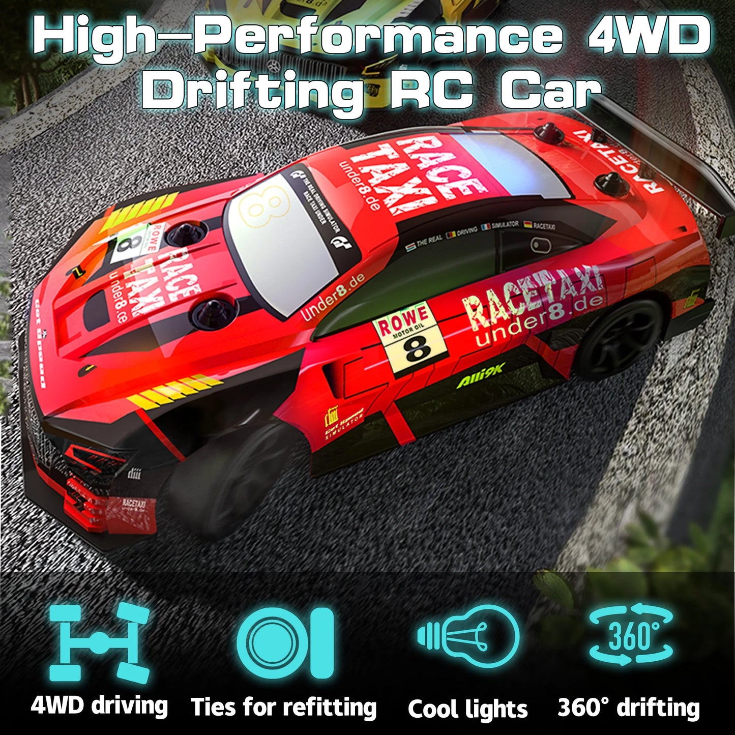 Drift RC Cars - Remote Control Car 1:24 Scale 4WD 15KM/H High Speed Racing Vehicle with LED Lights & 2 Rechargeable Batteries, Racing Sport Toy for Adults Boys Girls Kids
