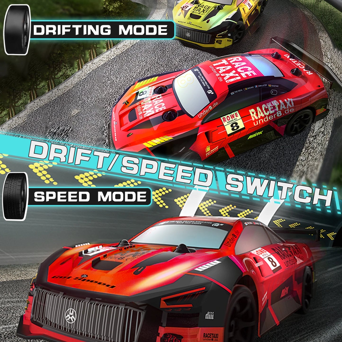 Drift RC Cars - Remote Control Car 1:24 Scale 4WD 15KM/H High Speed Racing Vehicle with LED Lights & 2 Rechargeable Batteries, Racing Sport Toy for Adults Boys Girls Kids