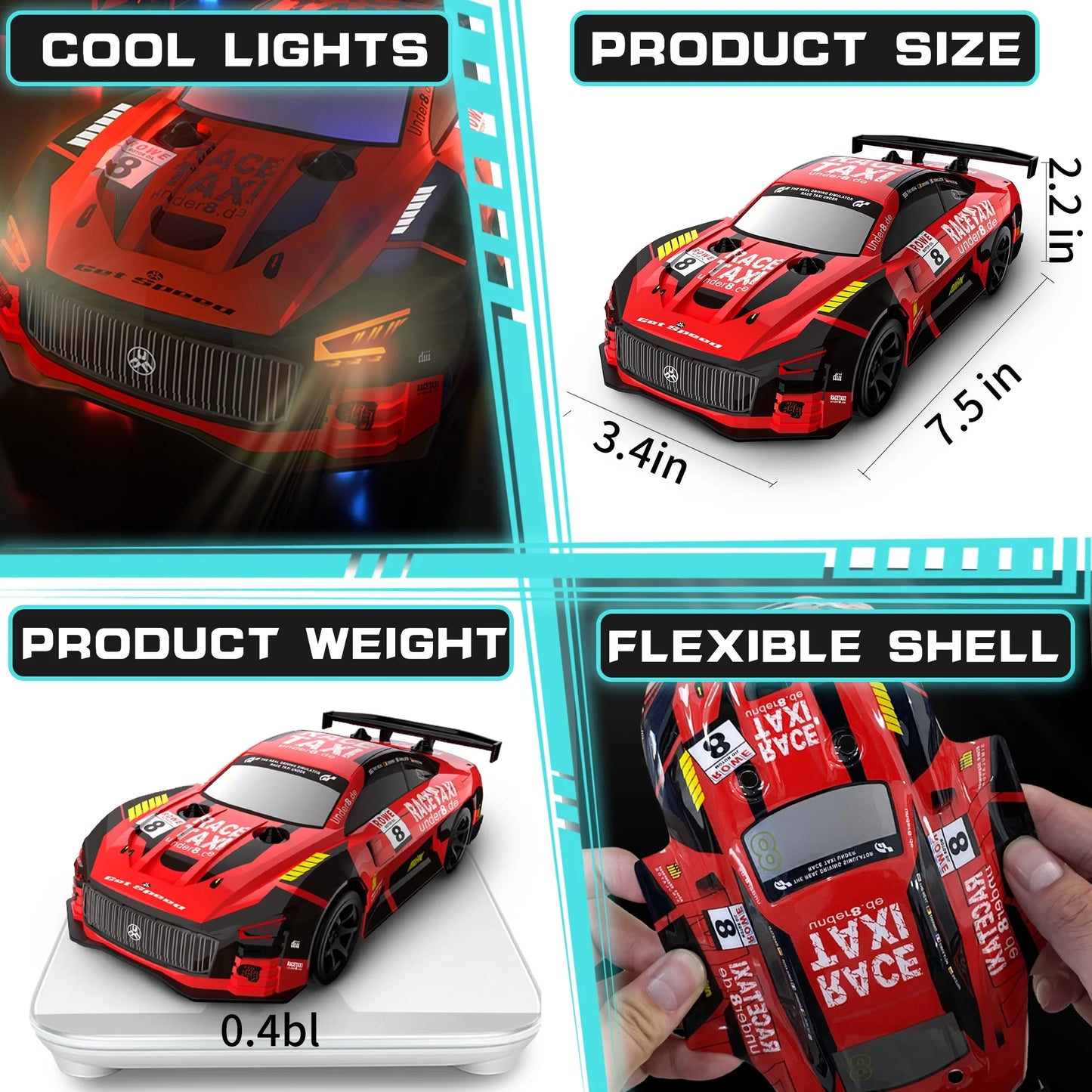 Drift RC Cars - Remote Control Car 1:24 Scale 4WD 15KM/H High Speed Racing Vehicle with LED Lights & 2 Rechargeable Batteries, Racing Sport Toy for Adults Boys Girls Kids