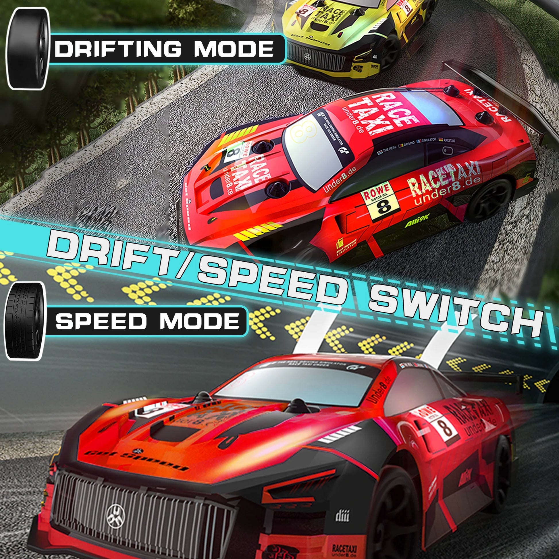 Drift RC Cars - Remote Control Car 1:24 Scale 4WD 15KM/H High Speed Racing Vehicle with LED Lights & 2 Rechargeable Batteries, Racing Sport Toy for Adults Boys Girls Kids