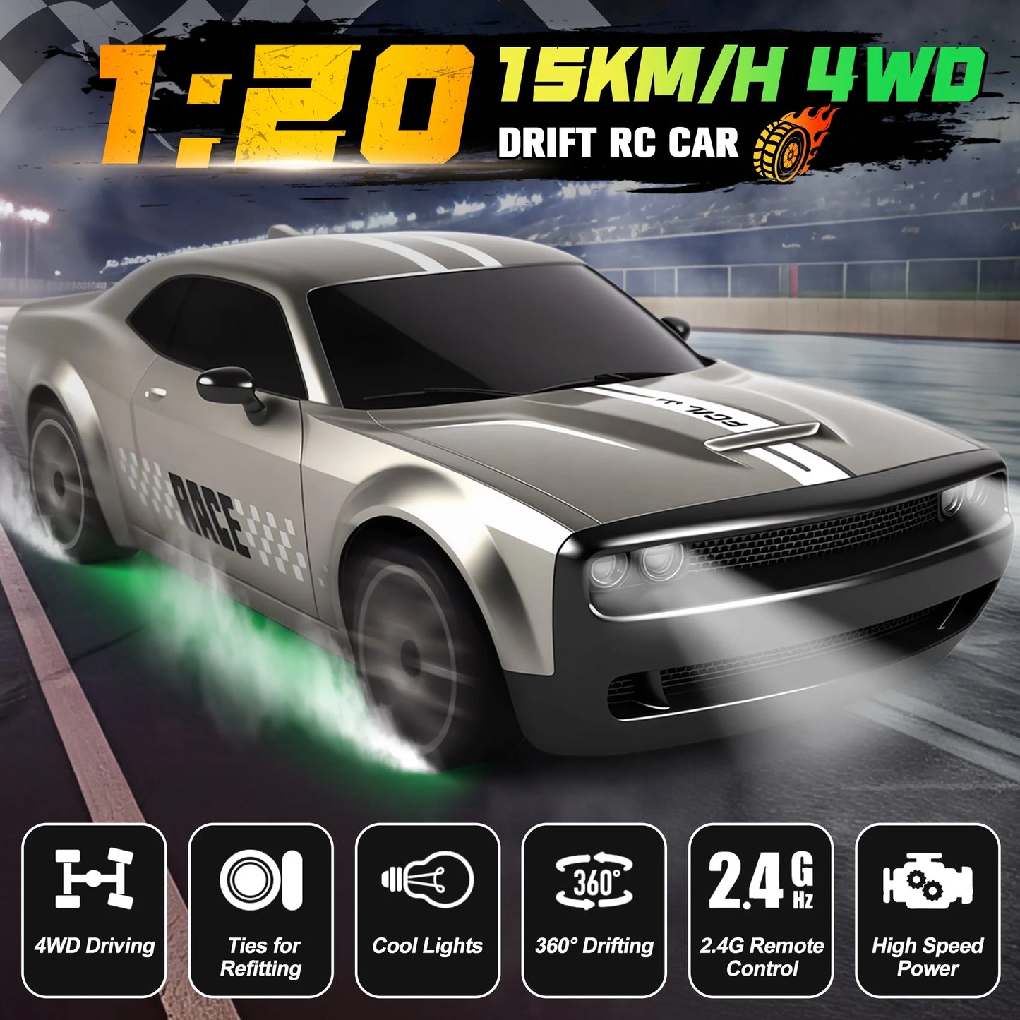 RC Cars - 1:20 Scale 4WD 15KM/H Drift Remote Control Car with LED Lights & 2 Rechargeable Batteries, Racing Car Toy for Kids Boys Girls