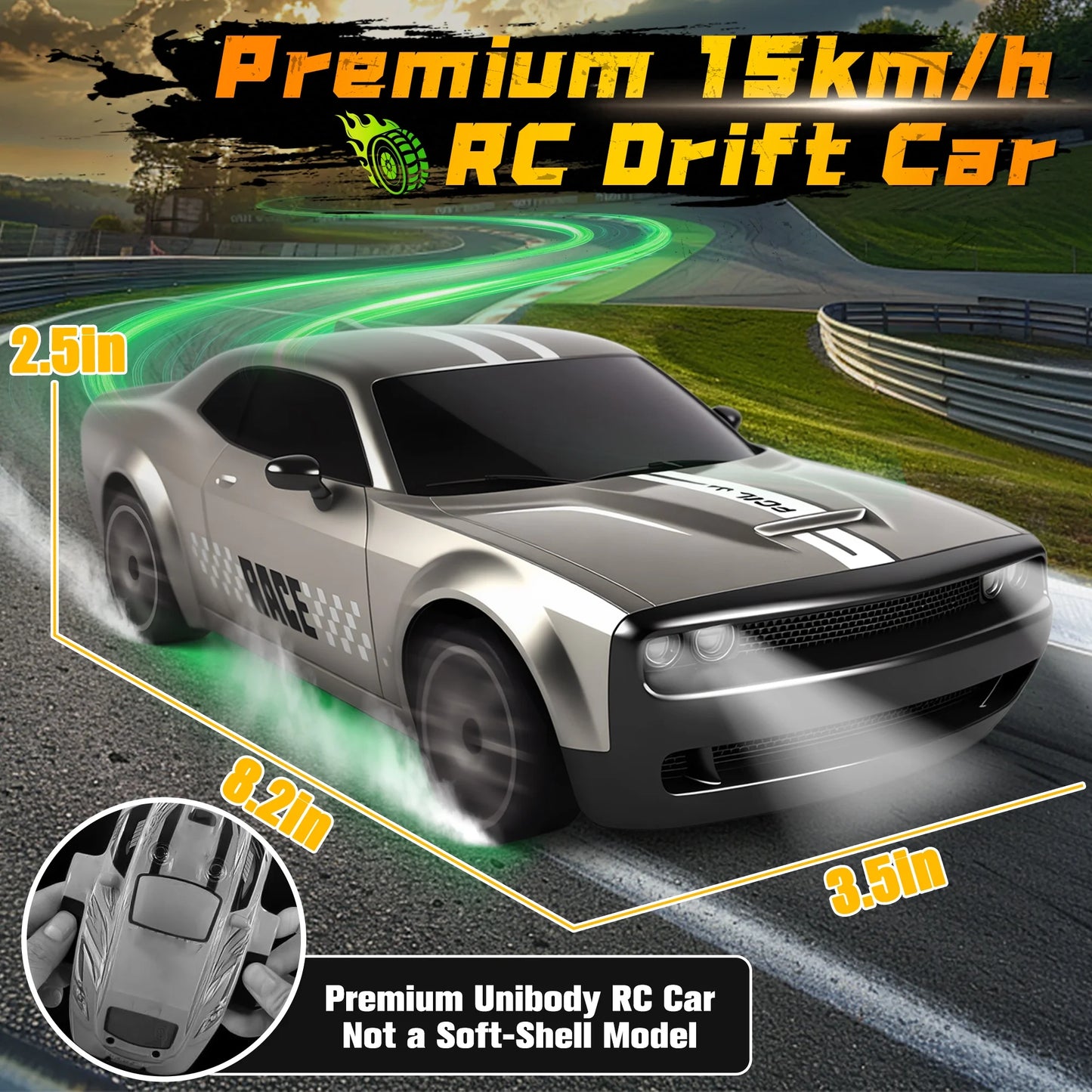 RC Cars - 1:20 Scale 4WD 15KM/H Drift Remote Control Car with LED Lights & 2 Rechargeable Batteries, Racing Car Toy for Kids Boys Girls