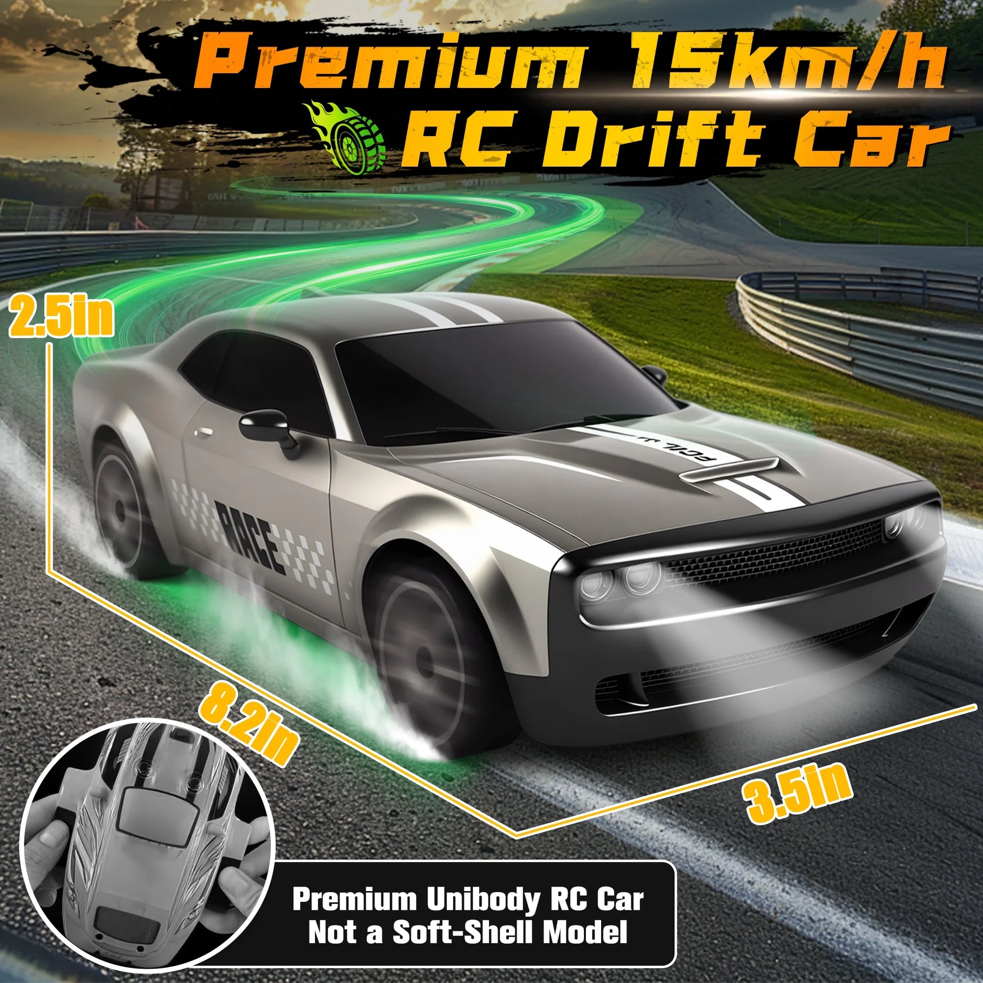 RC Cars - 1:20 Scale 4WD 15KM/H Drift Remote Control Car with LED Lights & 2 Rechargeable Batteries, Racing Car Toy for Kids Boys Girls