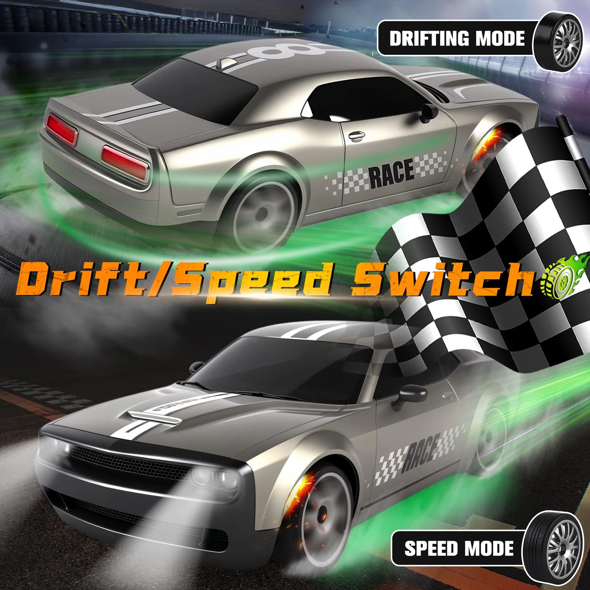 RC Cars - 1:20 Scale 4WD 15KM/H Drift Remote Control Car with LED Lights & 2 Rechargeable Batteries, Racing Car Toy for Kids Boys Girls