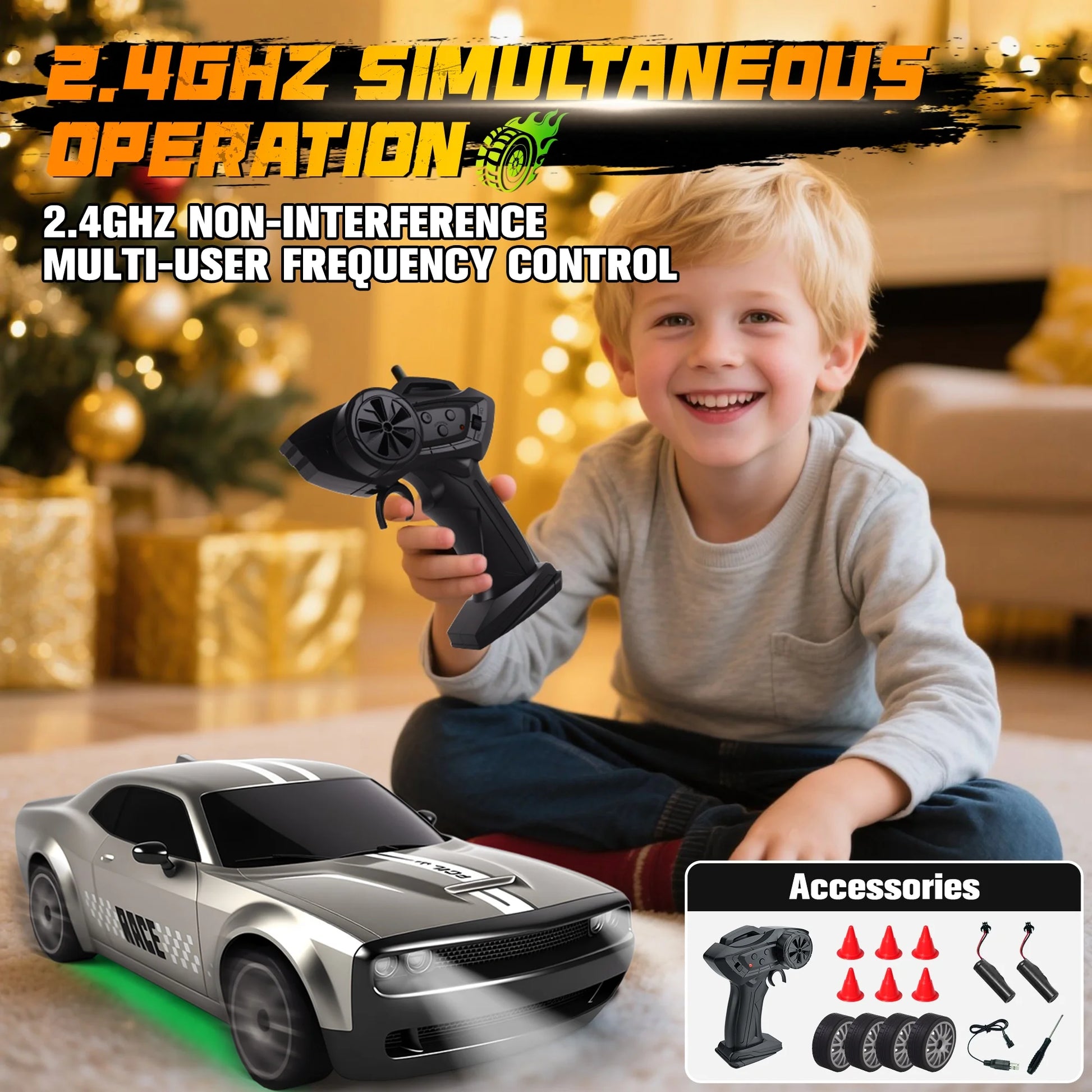 RC Cars - 1:20 Scale 4WD 15KM/H Drift Remote Control Car with LED Lights & 2 Rechargeable Batteries, Racing Car Toy for Kids Boys Girls